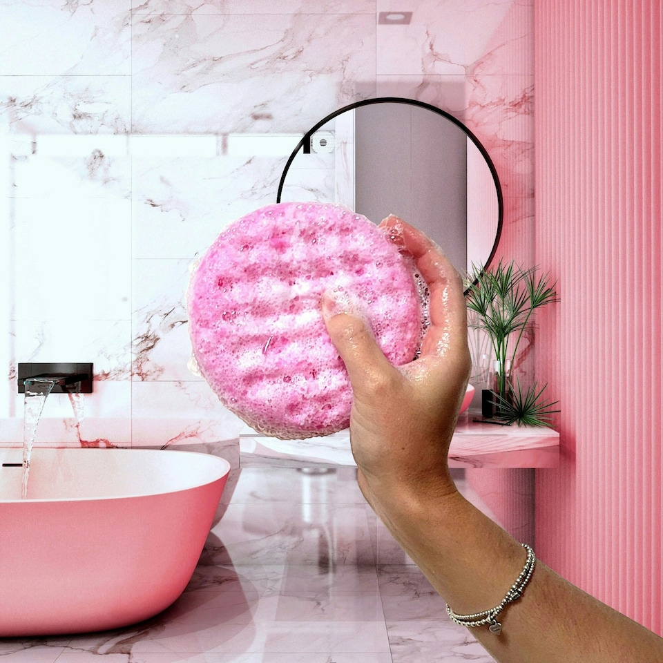 image 1 of Bomb Cosmetics Body Buffer Soap Shower Sponge The Raspberry Ripple Effect