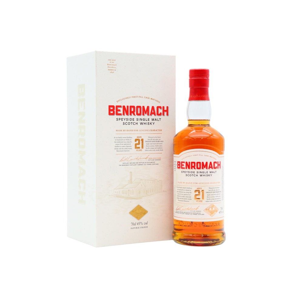 image 1 of Benromach - Speyside Single Malt Scotch 21 year old Whisky | Multi | Burnt Amber | Benromach single malt offers notes of cinnamon, Seville orange, raspberry, honey and soft smoke throughout the palate. | 1