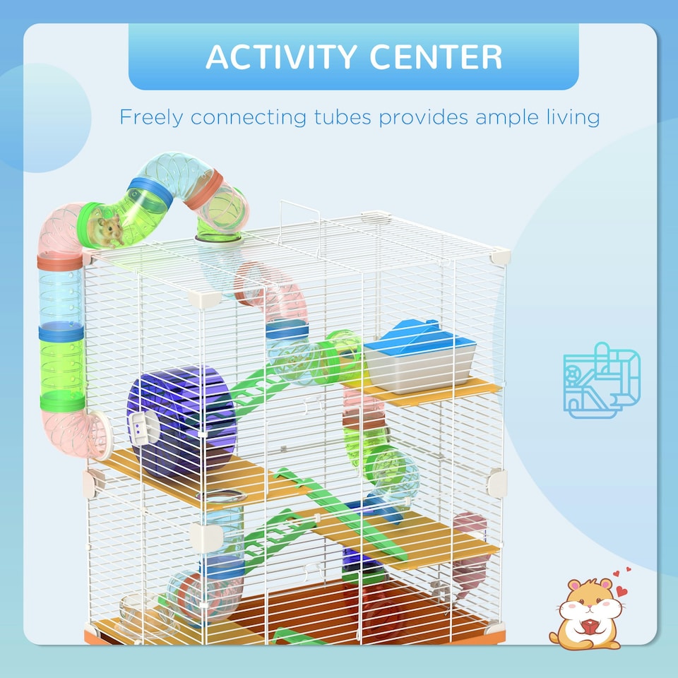 image 1 of Pawhut 5 Tier Hamster Cage Carrier Habitat w/ Exercise Wheels, Orange