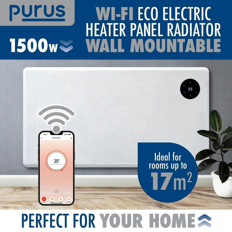 image 1 of Purus 1500W Smart Wifi Eco Heater Electric Panel Radiator Wall Mounted White