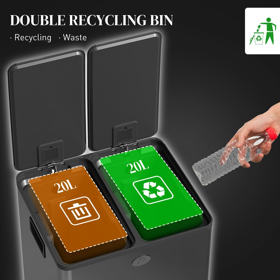 image 1 of HOMCOM 2 x 20L Dual Kitchen Bin Pedal Bin for Recycling and Waste Silver | 40L