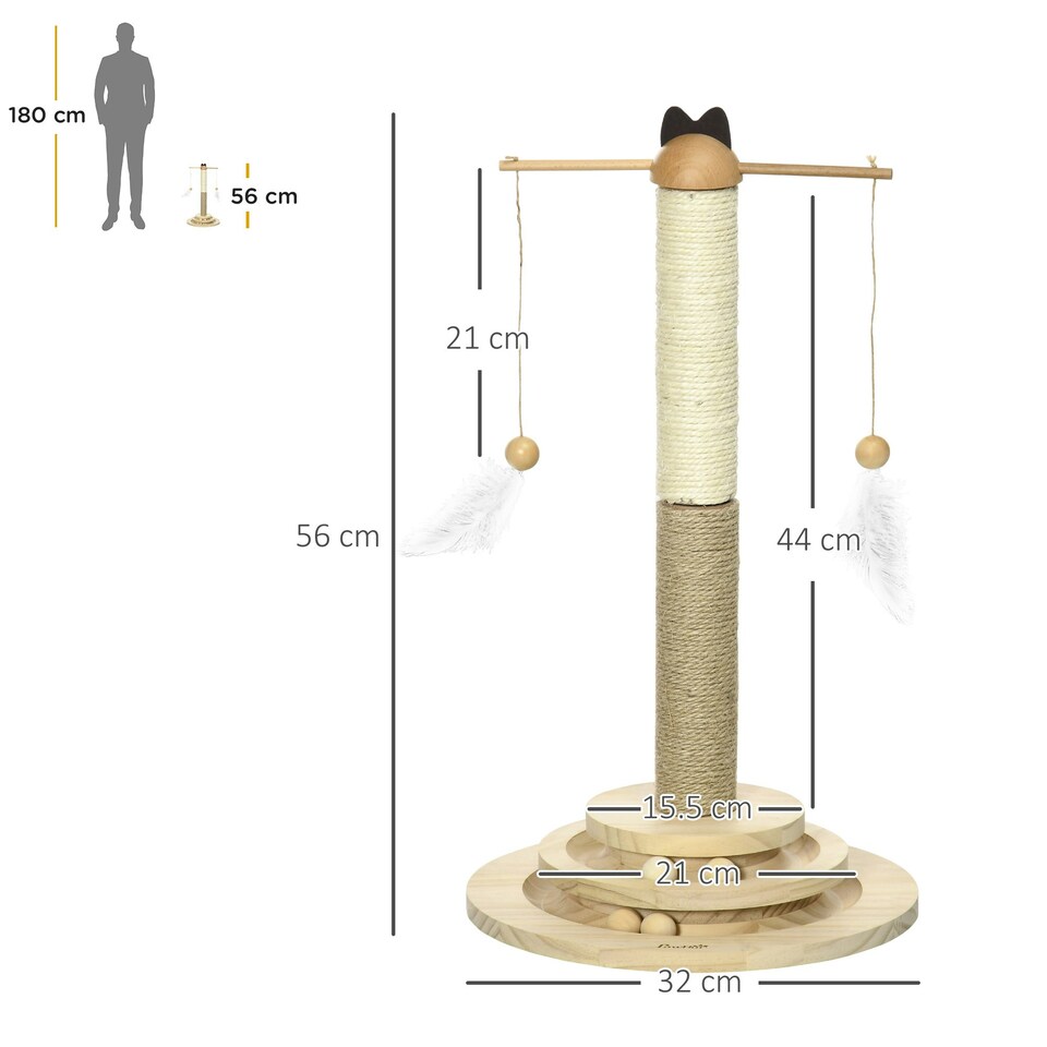 image 1 of PawHut Cat Tree Scratching Post with Interactive Toy Ball Jute Sisal Wood