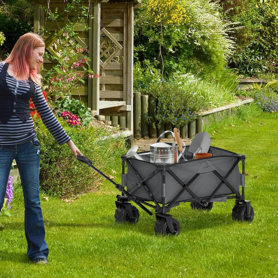 image 1 of Outsunny Outdoor Cart Folding Cargo Wagon Trailer Beach w/ Handle Dark Grey
