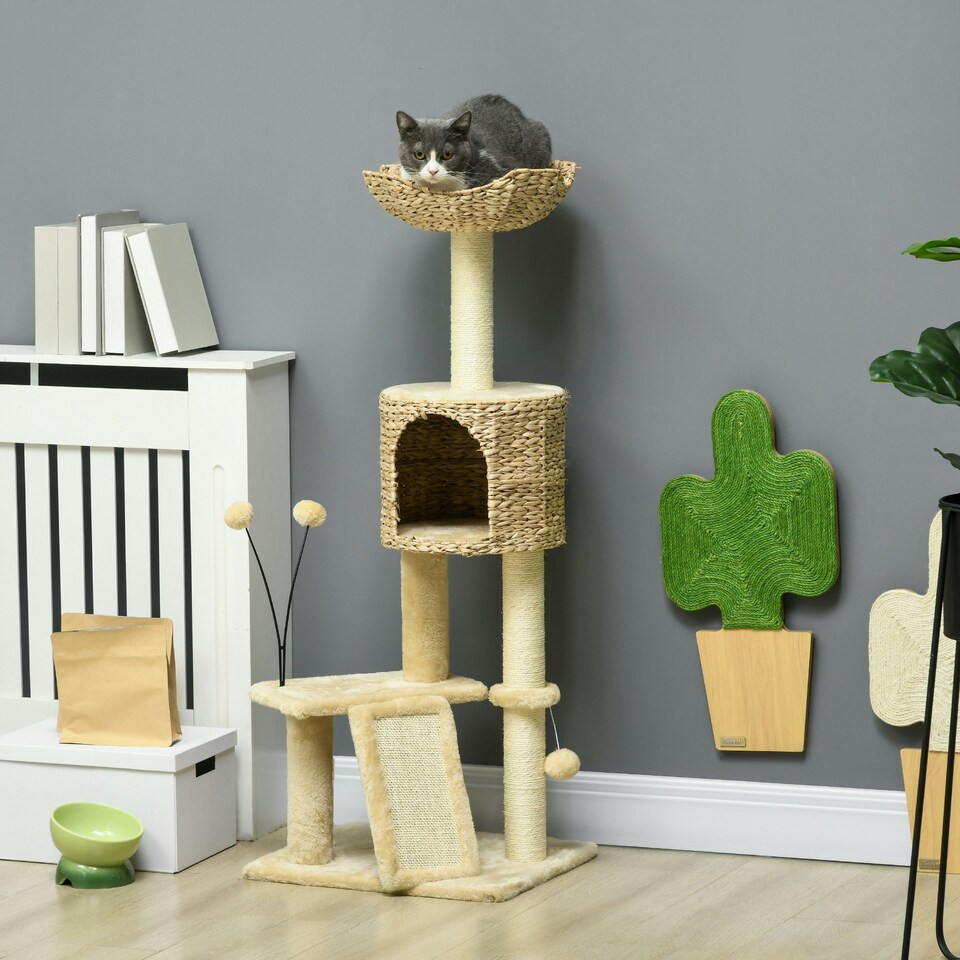 image 1 of PawHut 116cm Cat Tree Tower with Scratching Posts, House, Bed, Ramp, Beige