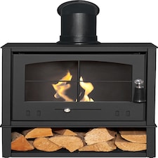OKO S2 Bio Ethanol Stove with Log Storage in Charcoal Grey with Angled Stove Pipe