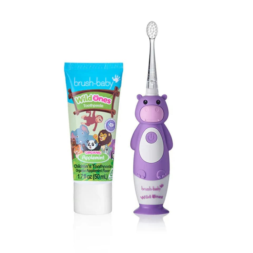 image 1 of Brush Baby WildOnes™ Hippo Kids Electric Rechargeable Toothbrush & Applemint Toothpaste