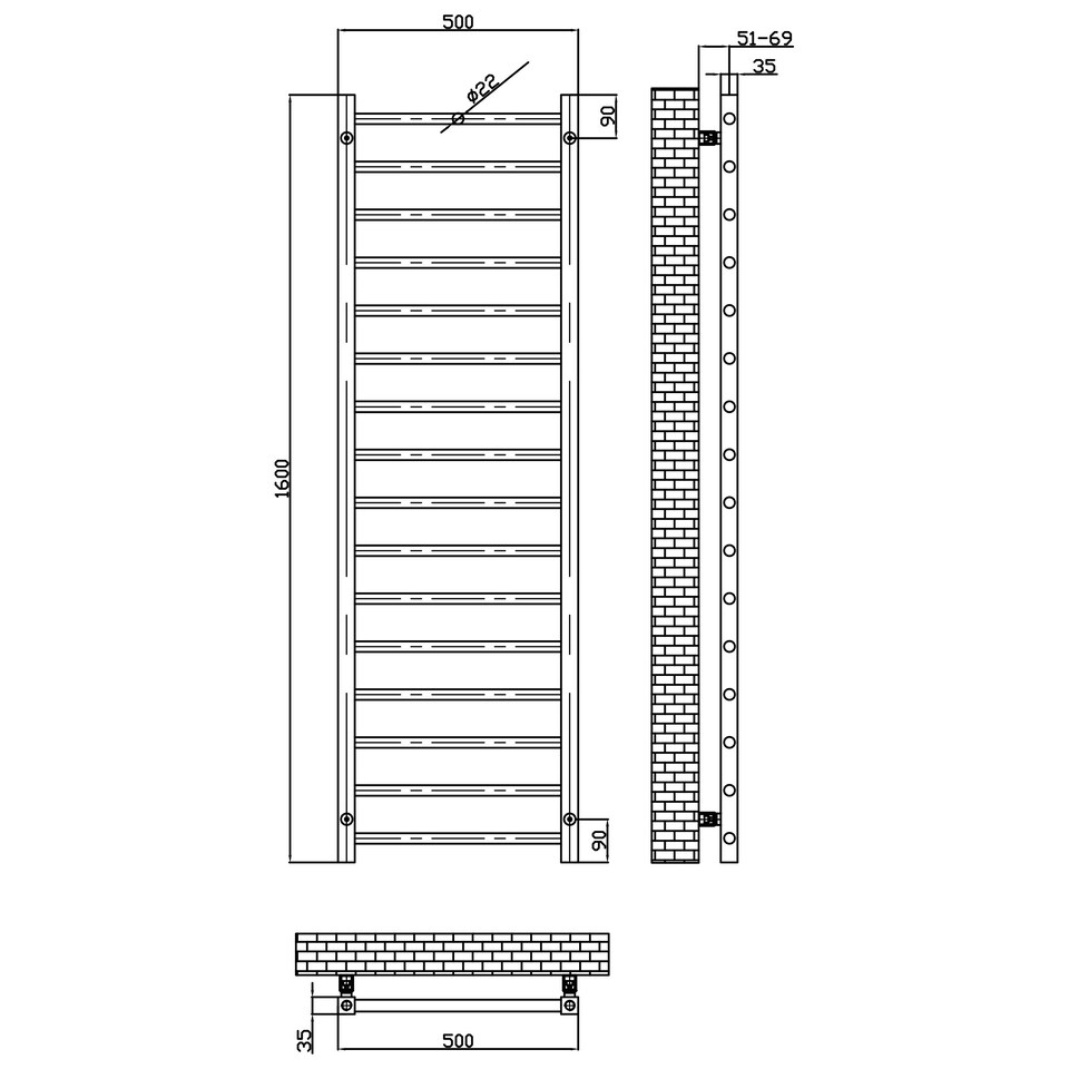 image 1 of Brushed Brass 1600 x 500mm Heated Bathroom Towel Rail Warmer Ladder Radiator with Straight Manual Valves Pair