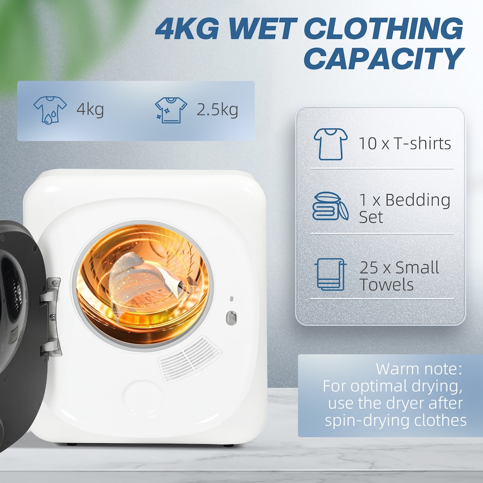 image 1 of HOMCOM 4kg Vented Tumble Dryer with Deodorize, Smart Mode, 800W Compact Tumble Dryer with Stainless Steel Tub, Front Load, for Flat, Home, RVs, White