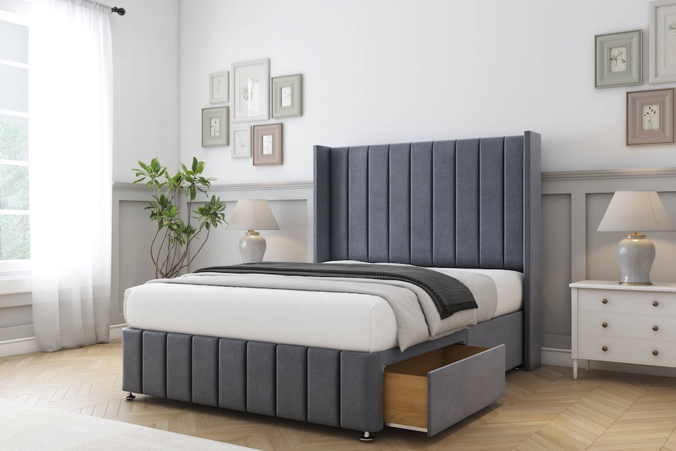 image 1 of Sloomy Melbourne Steel Plush Divan Bed Base 2 Drawers Foot-End With 54 Inch Wingback Headboard & 12 Inch Matching Footboard | Grey | Steel | Super King | 1