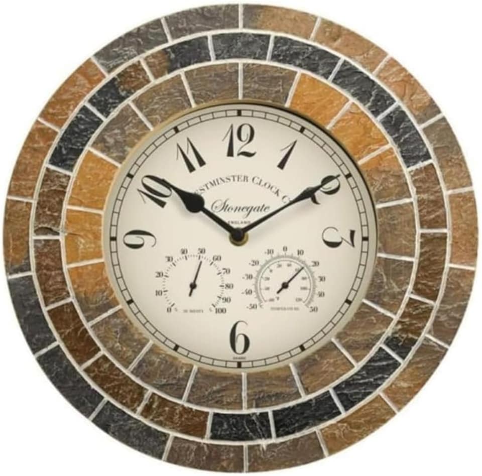 image 1 of Marco Paul 34cm Stone Slate Outside Clock and Thermometer | Multi