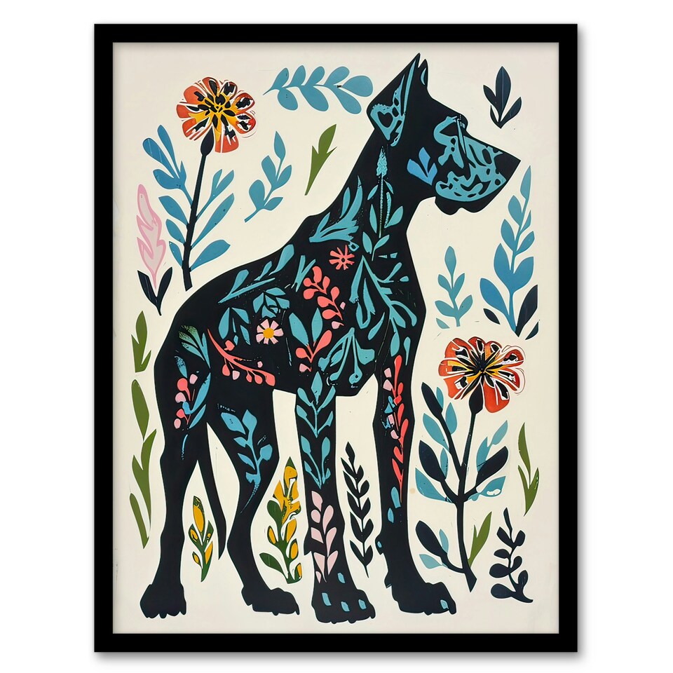 image 1 of Great Dane Dog Lover Floral Folk Art Pattern Black Framed Wall Art Print A4