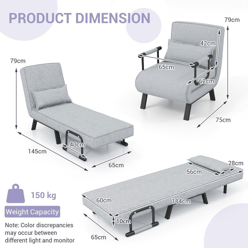 image 1 of COSTWAY Convertible Single Folding Sofa Bed Sleep Chair Grey Grey
