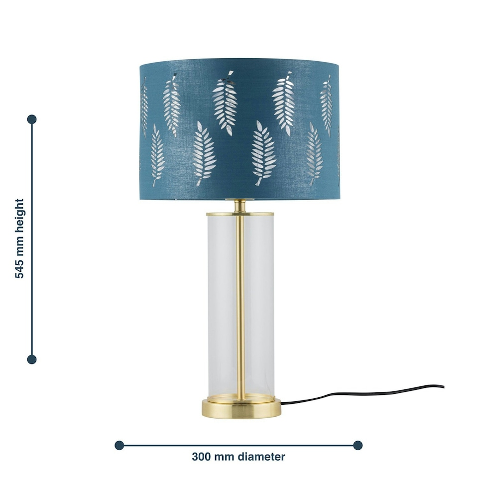 image 1 of Aura - Satin Brass Table Lamp with Teal Fern Cut Out Silver Shade