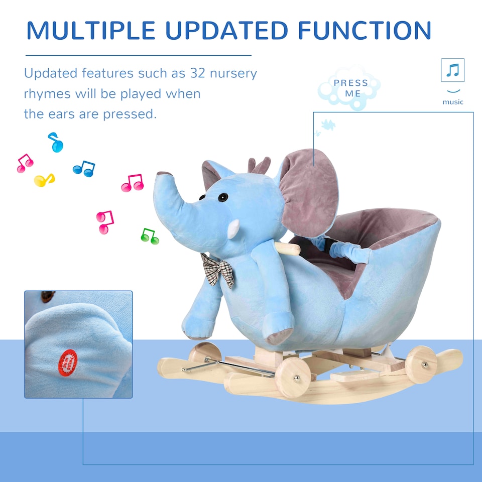 image 1 of HOMCOM 2 In 1 Plush Baby Ride on Rocking Horse Elephant Rocker with Wheels Wooden Toy for Kids 32 Songs for 18 Plus Months (Blue)