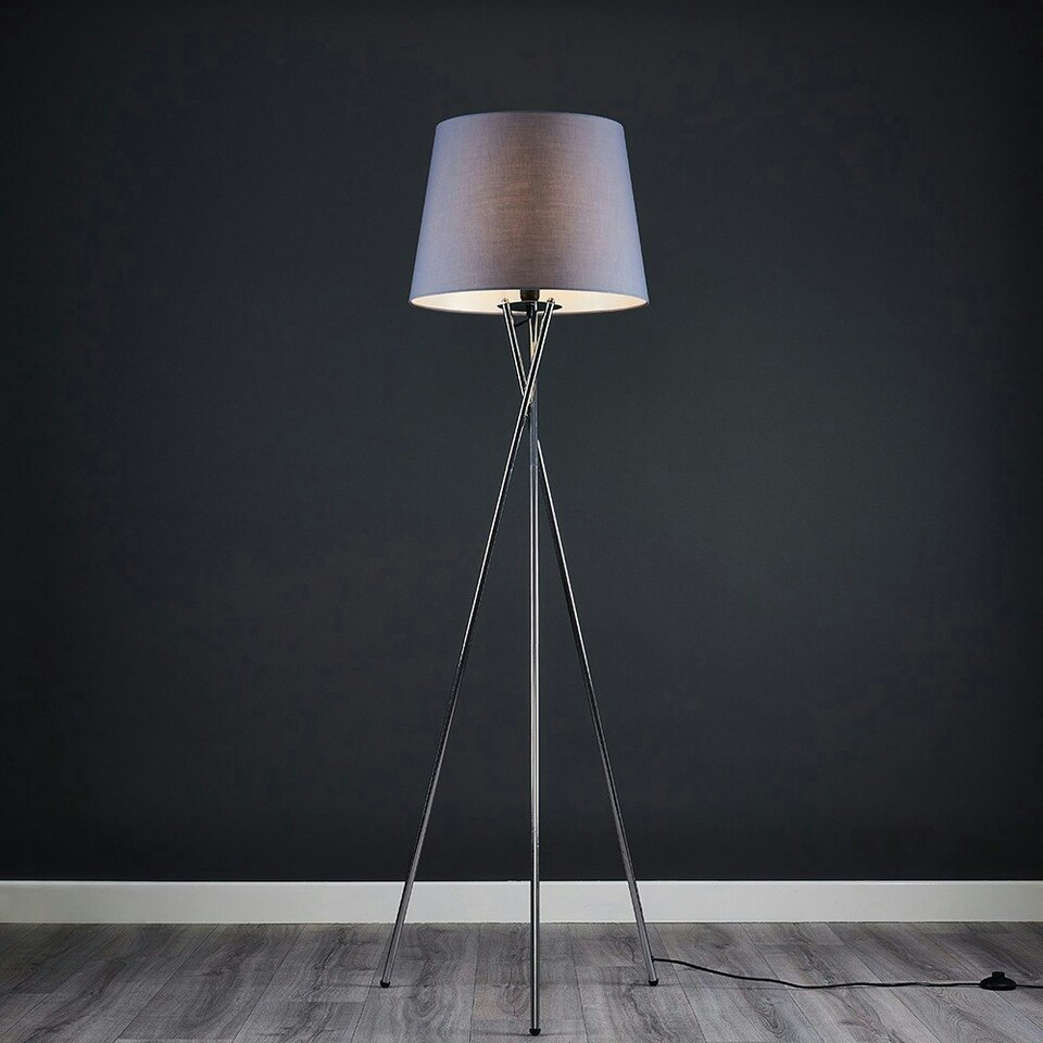 image 1 of ValueLights Camden Chrome Tripod Floor Lamp Grey Taper Shade & Bulb Grey