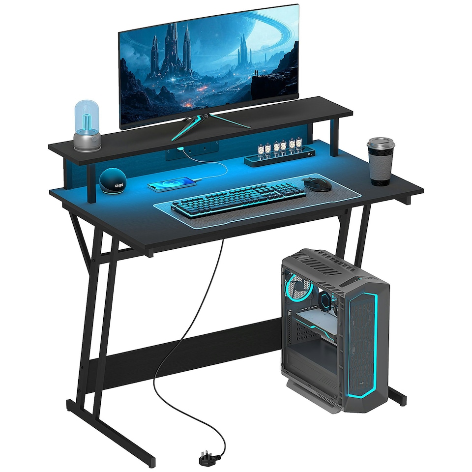 image 1 of HOMCOM LED Gaming Desk with Power Outlets and Monitor Stand 100 x 60cm Black