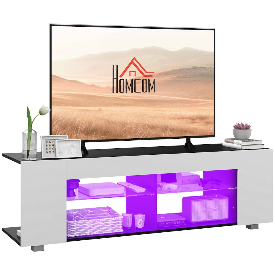 image 1 of HOMCOM TV Stand Cabinet, 145cm Modern TV Unit with Glass Shelves, RGB LED Light for Living Room, Entertainment Unit for 32 40 43 50 52 55 60 inch 4k TV, White