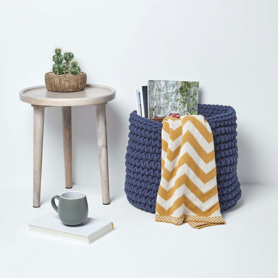 image 1 of Homescapes Navy Blue Cotton Knitted Round Storage Basket - 42 x 37 cm Blue | L