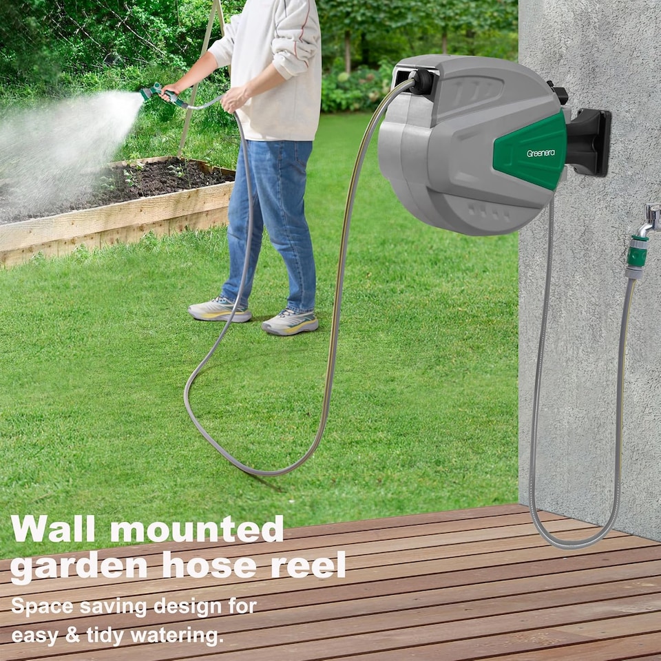 image 1 of Wall Mounted Garden Hose Reel Retractable Pipe Auto Rewind System 180 Degrees Swivel 30m
