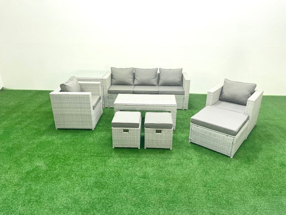 image 1 of Fimous Rattan Garden Furniture Set 8 Seater Outdoor Garden Sofa Oblong Coffee Table Set with 2 Chairs 3 Stools Side Table Light Grey Mixed