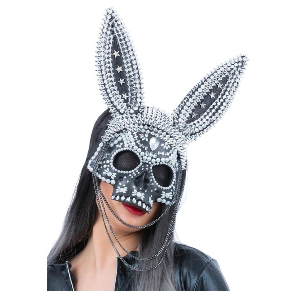 image 1 of Fever Unisex Adult Skeleton Bunny Jewelled Mask | Black | Black/Silver | One Size | 1