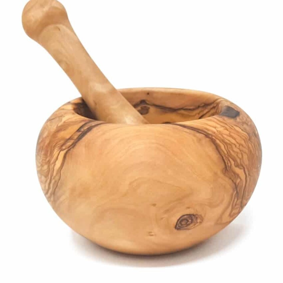 image 1 of Verano Spanish Ceramics Olive Wood Round Pestle & Mortar - 14cm