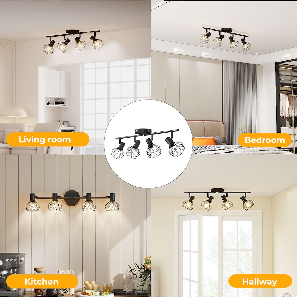 image 1 of EMITTO 4-Way Spotlight Ceiling Light Adjustable Vintage Black Metal E14 Fixture