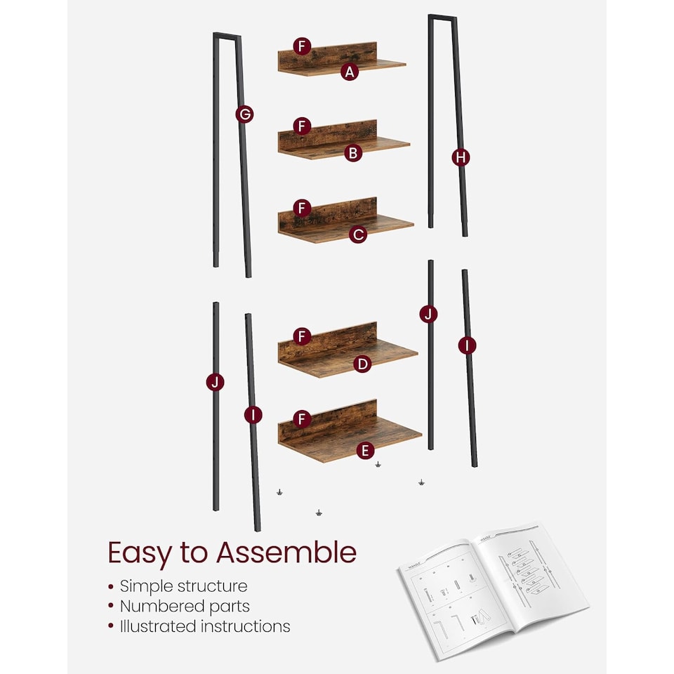 image 1 of 5-Tier Vertical Ladder Shelf Bookcase, Compact Industrial Storage Rack, Rustic Brown and Ink Black