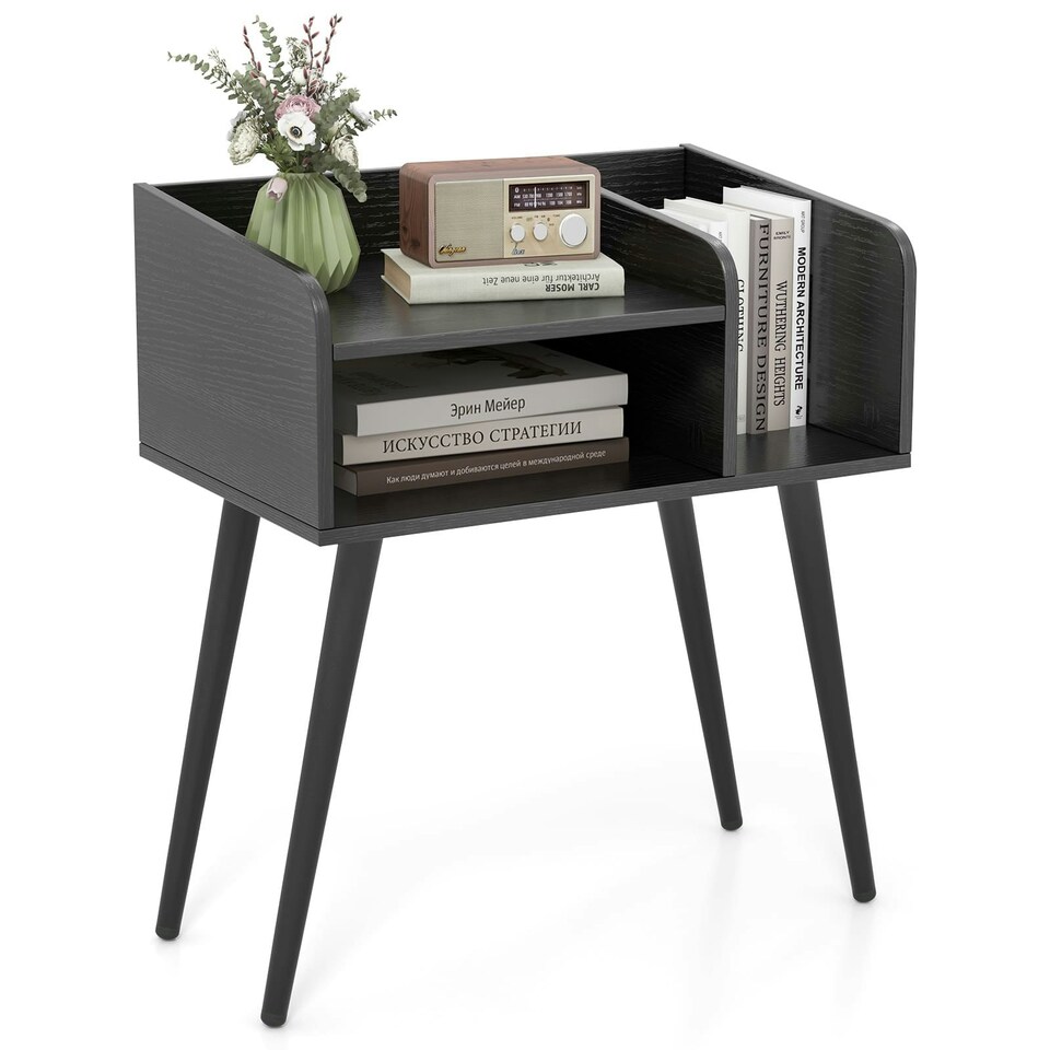 image 1 of COSTWAY Modern Nightstand 2-Tier Bedside Table Black Black