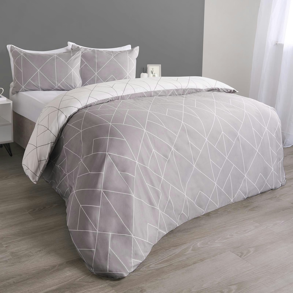 image 1 of OHS Geometric Reversible Print Duvet Cover and Pillowcase Set, Single - Grey