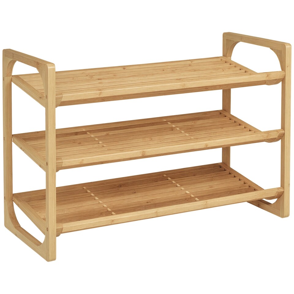 image 1 of HOMCOM Bamboo Shoe Rack, 3-tier Shoe Storage Shelf for 9 Pair Shoes for Entryway