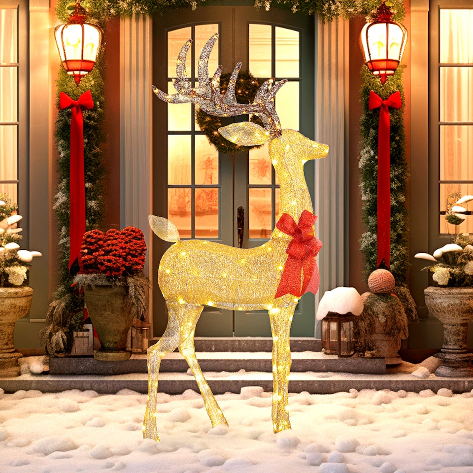 image 1 of Outsunny Lighted Reindeer Christmas Decoration w/ Stakes Zip Ties Gold Tone