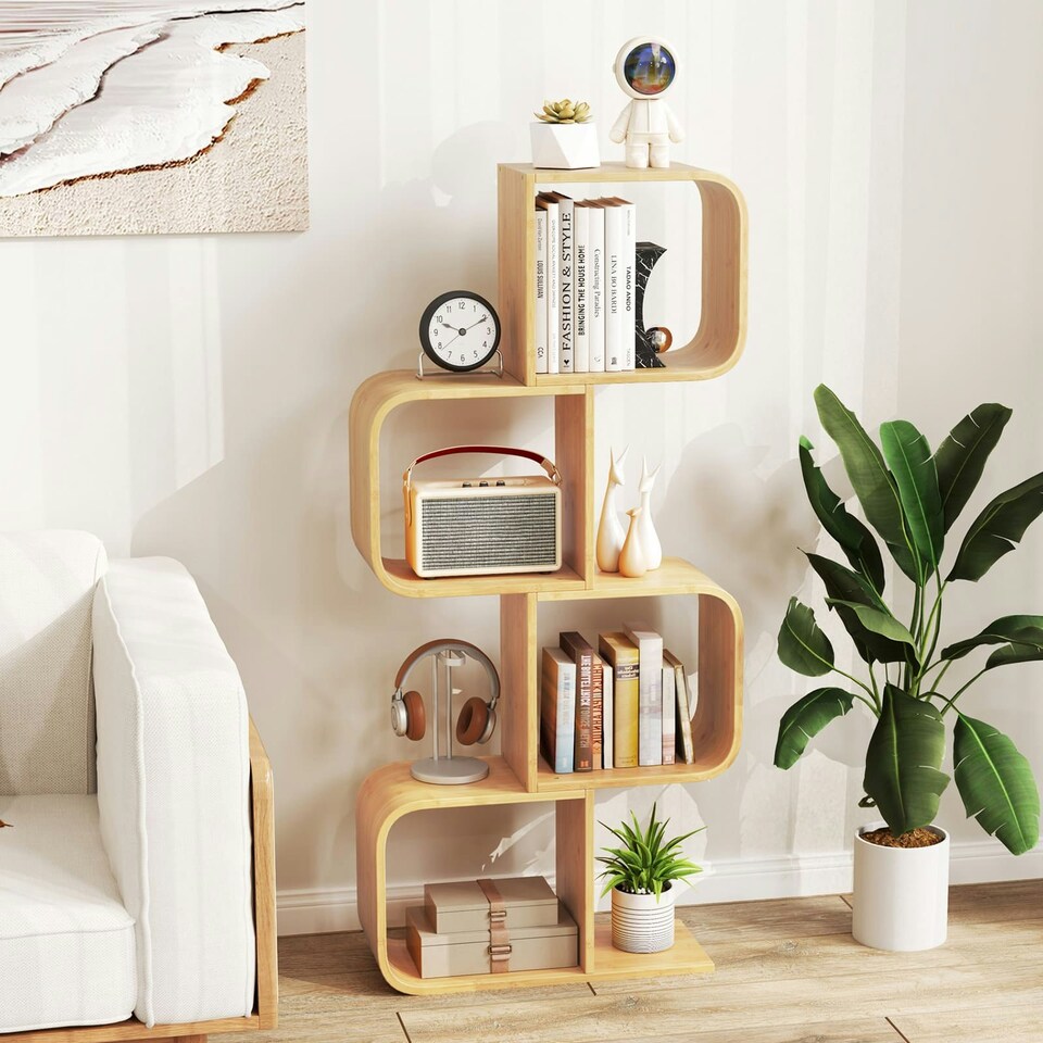 image 1 of COSTWAY 4-TierS-Shaped Bookcase, Bamboo Bookshelf Brown