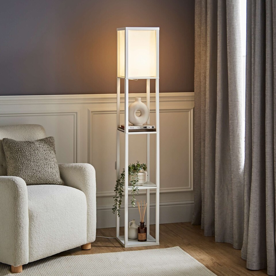 image 1 of ValueLights Struttura White Shelving Floor Lamp Fabric Shade & Bulb | White