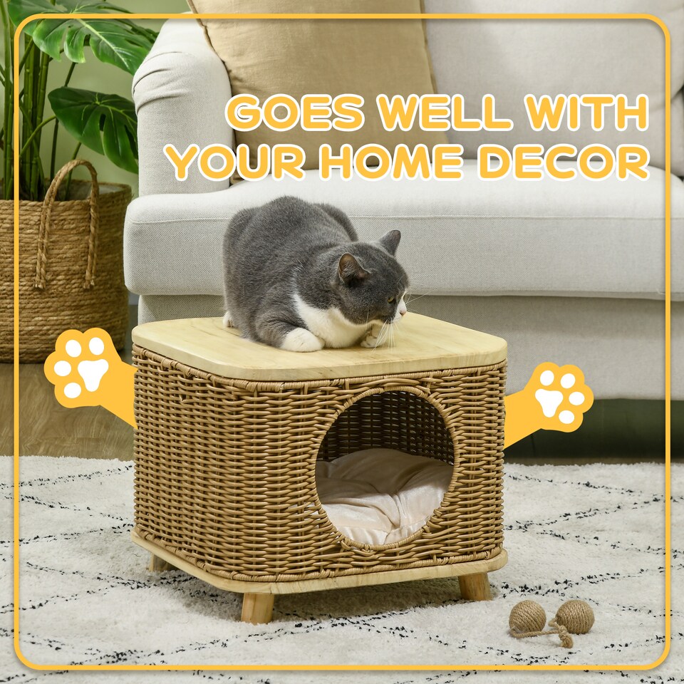 image 1 of PawHut Elevated Design Wicker Cat House with Washable Cushion, Light Brown