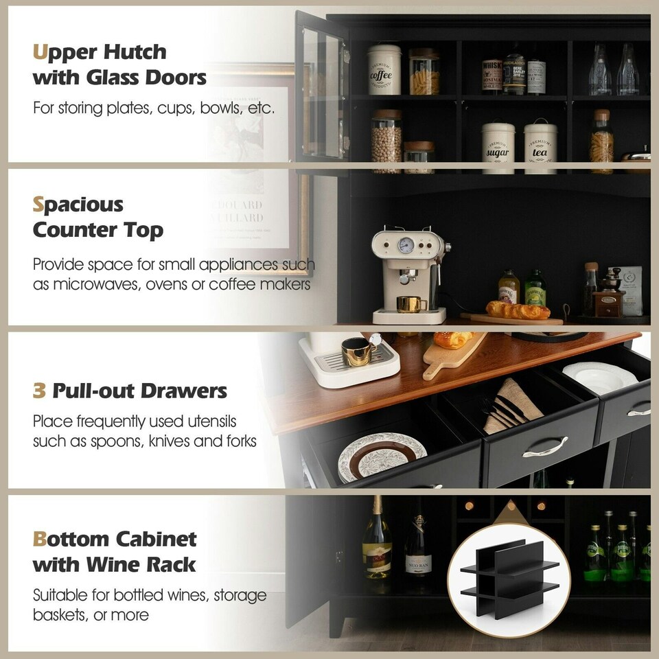 image 1 of COSTWAY Kitchen Cupboard with Adjustable Shelves and Drawers Black