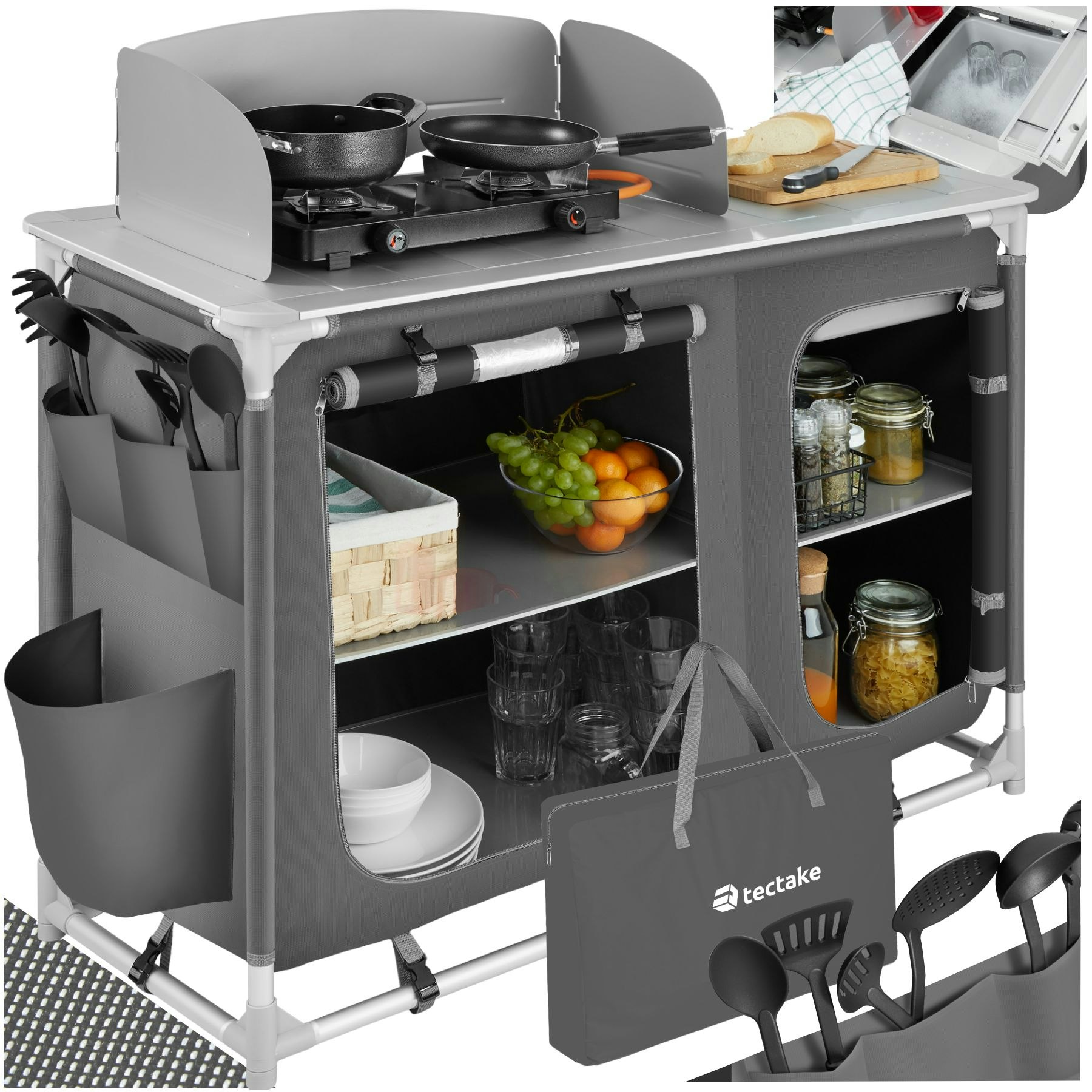 Camping Kitchen - foldable with 4 compartments, aluminium frame - Grey