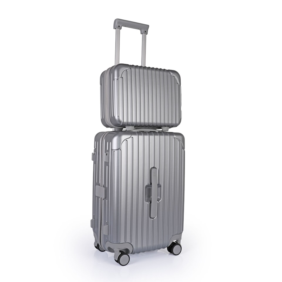 image 1 of 2 Piece Suitcase Set: Vanity Case & Cabin with Cupholder, TSA Lock | Silver | Silver