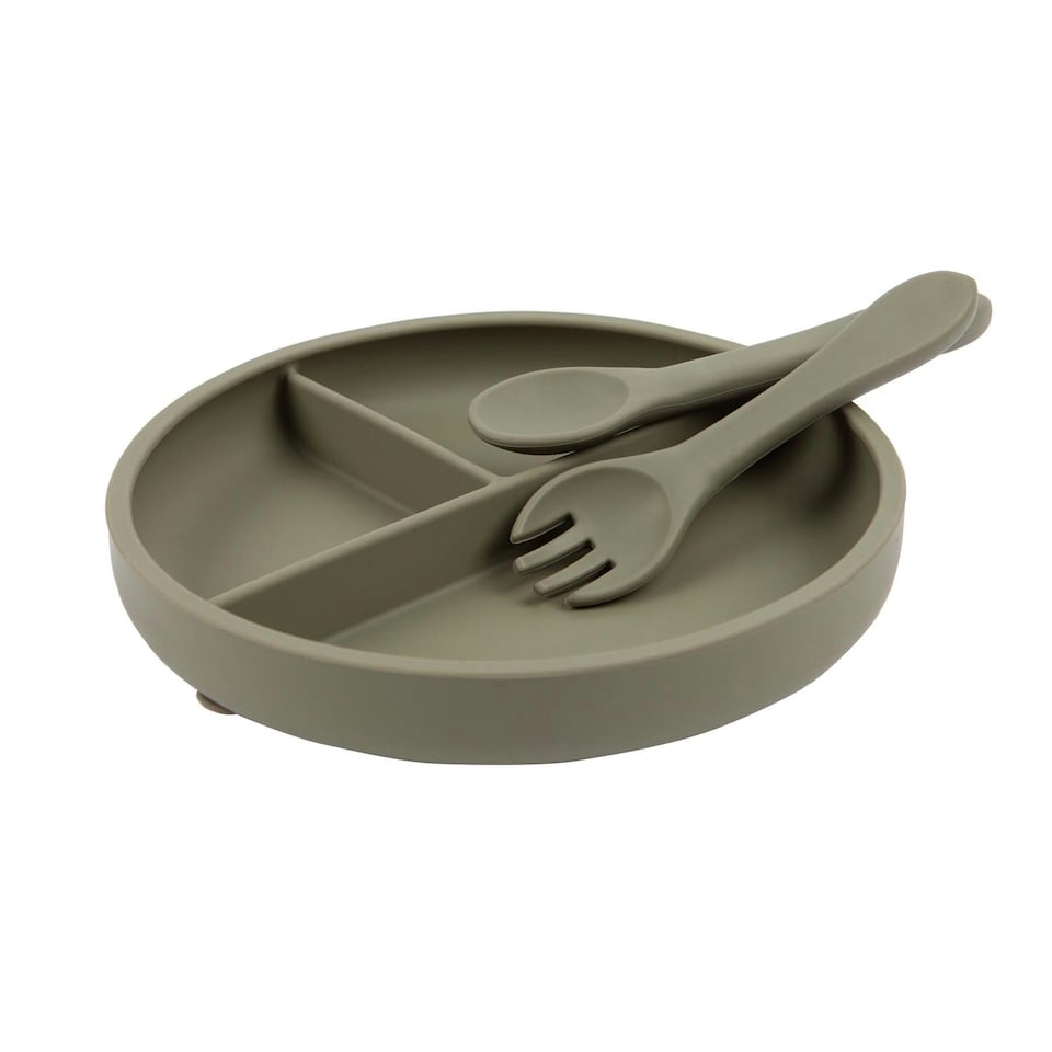 image 1 of Tiny Dining Baby Silicone Suction Plate, Fork & Spoon Set - Silver Sage