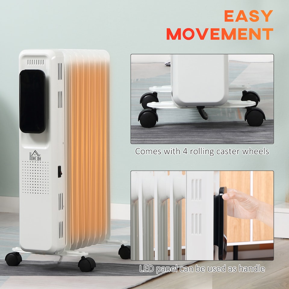 image 1 of HOMCOM 2000W Oil Filled Radiator, 9 Fin Portable Electric Heater with LED Display, 24H Timer, 3 Heat Settings, Adjustable Thermostat, Safety Cut off, Remote Control, White