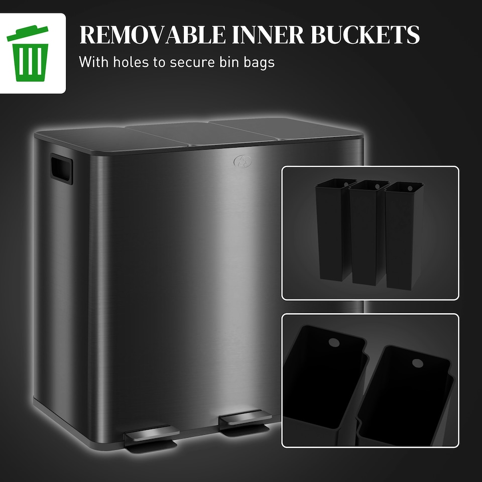 image 1 of HOMCOM 3 x 15L Triple Kitchen Bin Pedal Bin for Recycling and Waste Black | 45L