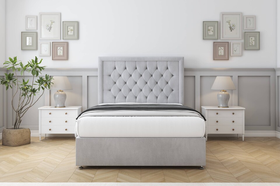 image 1 of Sloomy Montana Silver Naples Divan Bed With Mattress 2 Drawers Same Side With 26" Strutted Headboard 5' King | Silver | Silver | King | 1