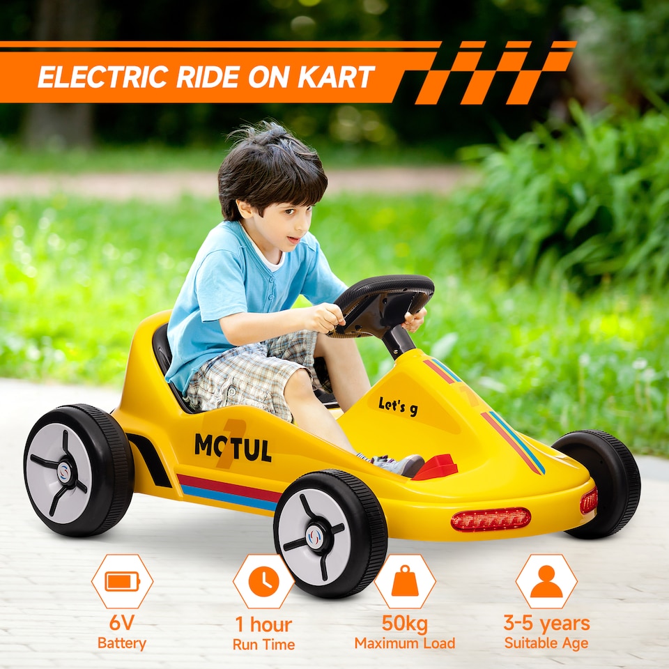 image 1 of AIYAPLAY Electric Go Kart, 6V Battery Powered Kids Go Kart with Music, Light, Horn, Kids, Ride on Car for 3-5 Years, Yellow