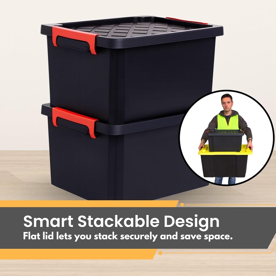 image 1 of 25L Small Heavy-Duty Storage Box with Lid 5 Pack with Handles Durable Plastic Clip Locks Stackable Garage & Outdoor Black