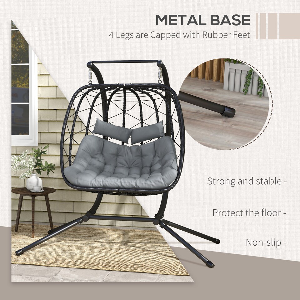image 1 of Outsunny Outdoor PE Rattan 2 Seaters Swing Chair with Thick Padded Cushion, Patio Hanging Egg Chair with Metal Stand, Headrest, for Indoor and Outdoor, Black