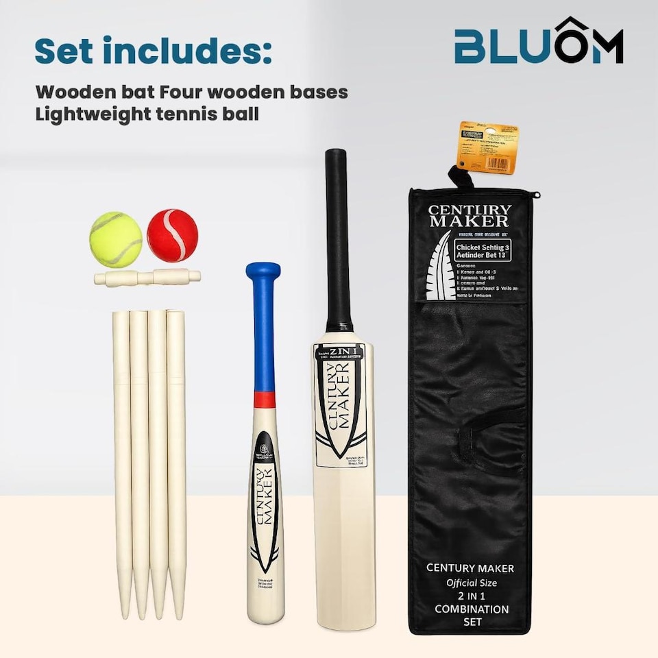 image 1 of BLUOM 2 in 1 Size 3 Cricket Set And Rounder Set With Mesh Carry Bag Outdoor Garden Games Fun