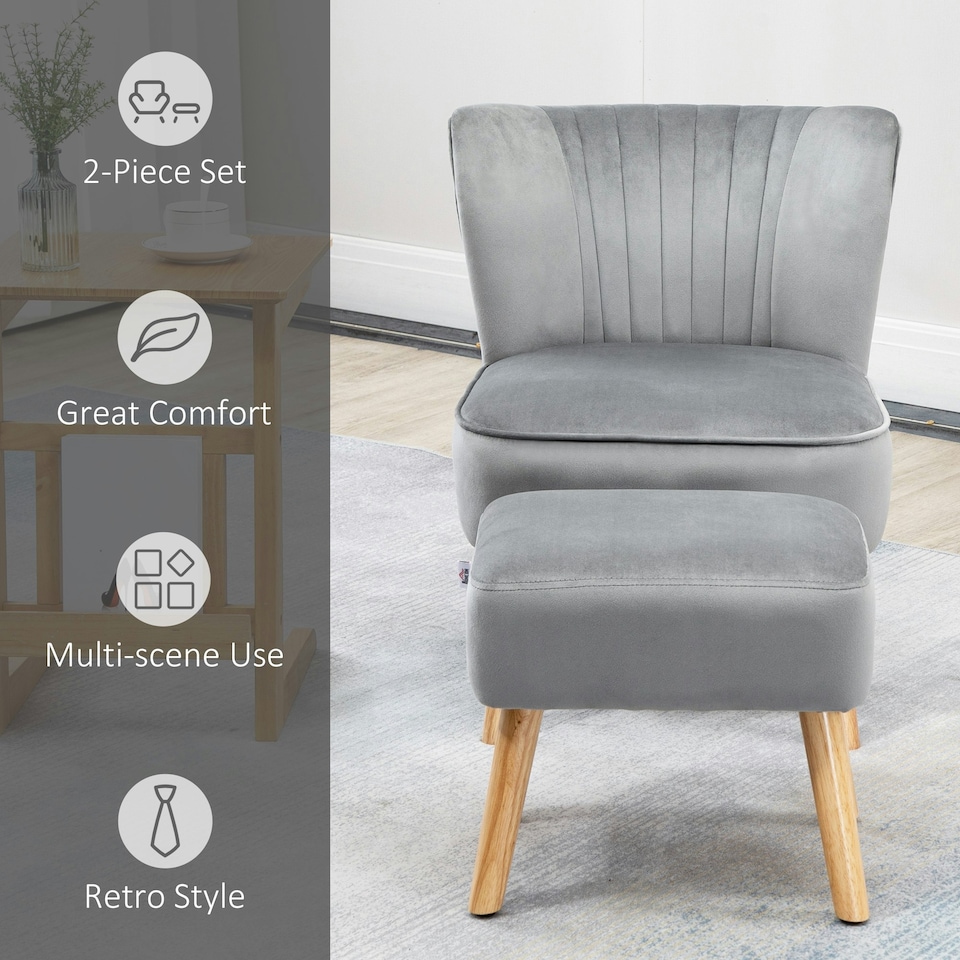 image 1 of HOMCOM Velvet-Feel Accent Chair w/ Ottoman Tub Seat Padding Wood Legs Light Grey