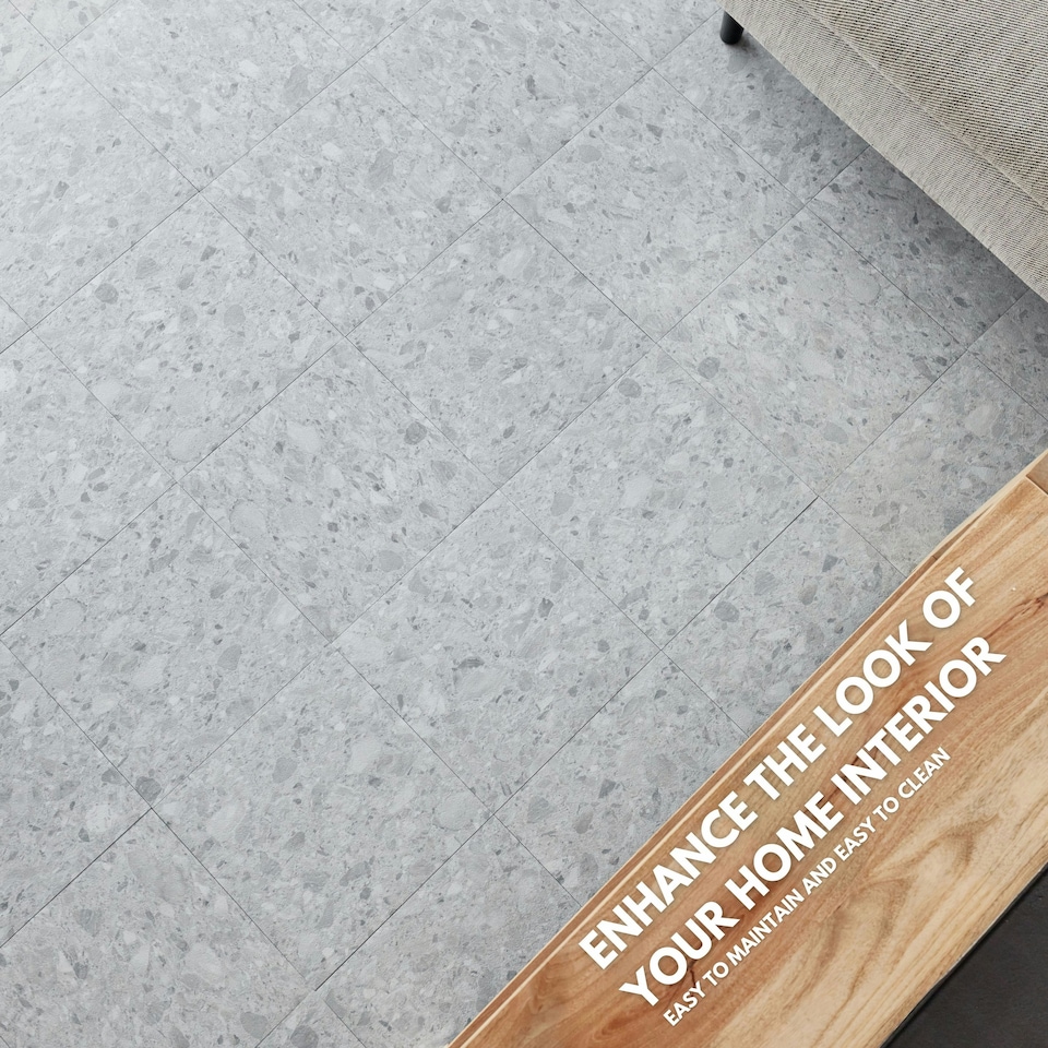 image 1 of NOVECRAFTO Vinyl Floor Tiles Self Adhesive – Peel and Stick 12x12in (30.5x30.5cm) Vinyl Flooring for Kitchen, Bathroom & Living Room – Arctic Terrazzo Design Grey | 3.72 sqm