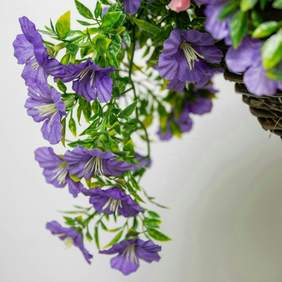 image 1 of Primrose Artificial Petunia Flowers Rattan Hanging Basket Purple Pink 30cm