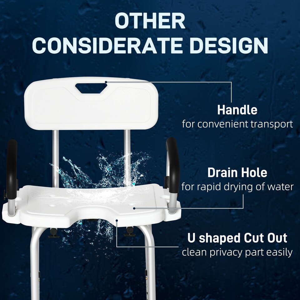 image 1 of HOMCOM Shower Chair for the Elderly and Disabled, Height Adjustable Shower Stool with Back and Flipped Padded Arms, Suction Foot Pads, White